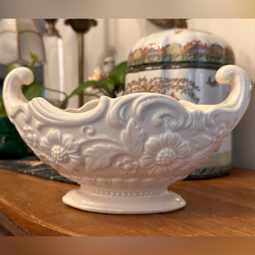 Vintage Embossed Ceramic Bowl Compote Cachepot Planter